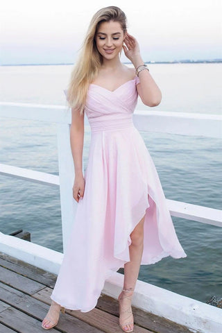 Off Shoulder High Low Pink Chiffon Prom Dress, High Low Pink Formal Graduation Homecoming Dress