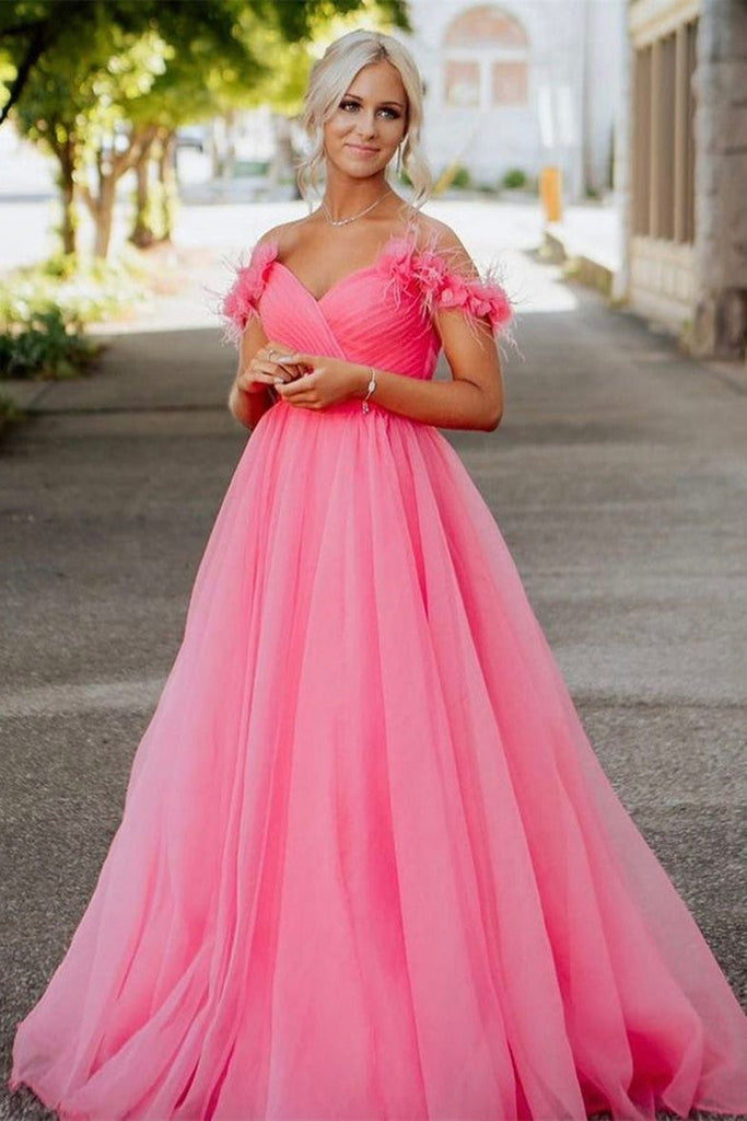 Off Shoulder Hot Pink Tulle Long Prom Dress, Long Hot Pink Tulle Forma abcprom Off Shoulder Hot Pink Tulle Long Prom Dress, Long Hot Pink Tulle Forma abcprom