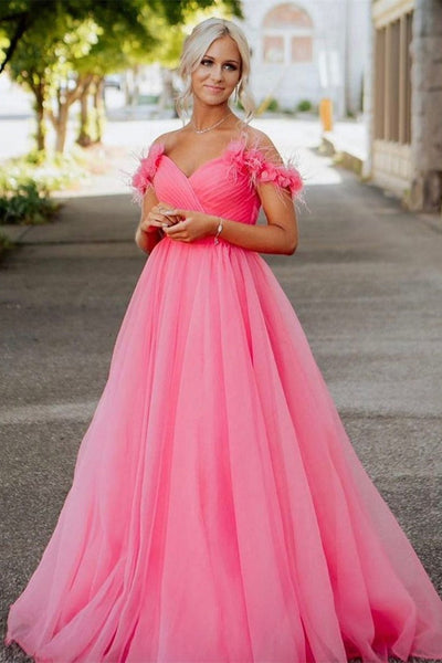Off Shoulder Hot Pink Tulle Long Prom Dress, Long Hot Pink Tulle Formal Graduation Evening Dress A1514