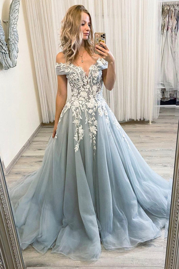 Off Shoulder Lace Gray Tulle Long Prom Dress, Grey Lace Formal Dress, abcprom Off Shoulder Lace Gray Tulle Long Prom Dress, Grey Lace Formal Dress, abcprom