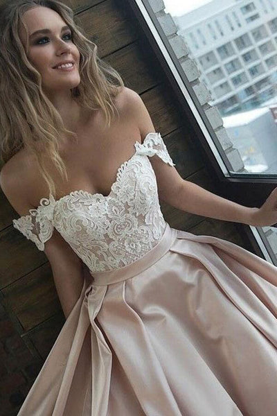 Off Shoulder Lace Top Champagne Long Prom Dress, Champagne Lace Formal Dress, Champagne Evening Dress A1403