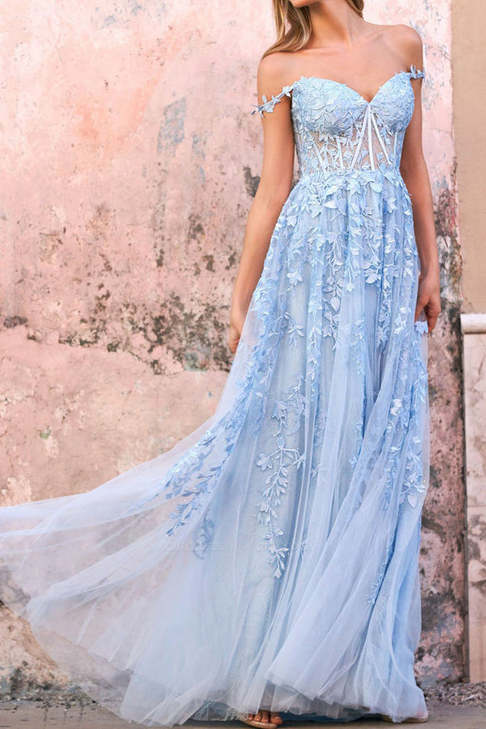 Off Shoulder Light Blue Lace Long Prom Dress, Light Blue Lace Formal D