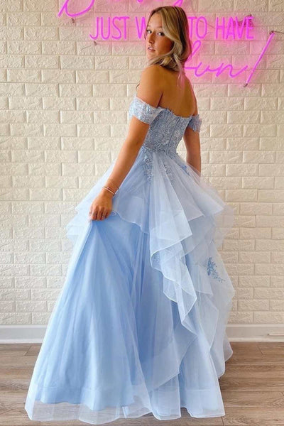 Off Shoulder Light Blue Lace Tulle Long Prom Dress, Layered Blue Lace Formal Dress, Light Blue Evening Dress A1744