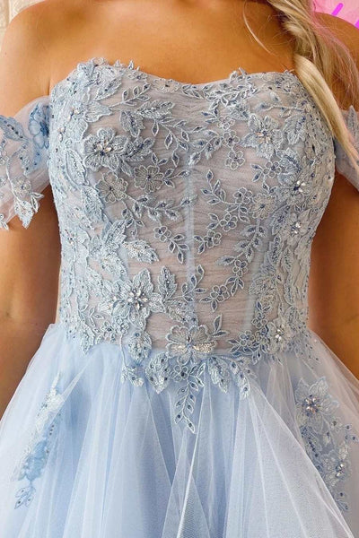 Off Shoulder Light Blue Lace Tulle Long Prom Dress, Layered Blue Lace Formal Dress, Light Blue Evening Dress A1744