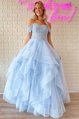 Off Shoulder Light Blue Lace Tulle Long Prom Dress, Layered Blue Lace Formal Dress, Light Blue Evening Dress A1744