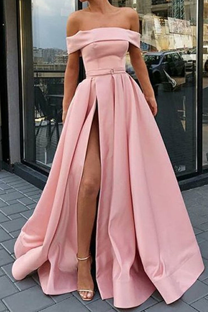 Off Shoulder Light Blue Pink Satin Long Prom Dress with High Split