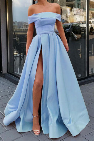 Stylish Off Shoulder Light Blue Long Prom Dress with High Slit