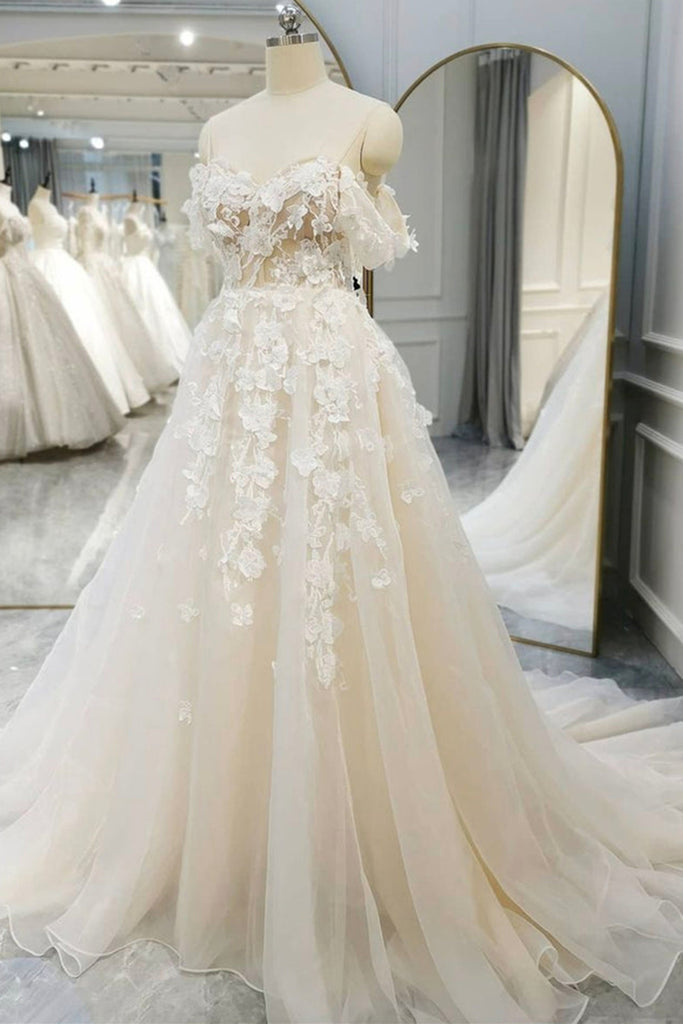 Off Shoulder Light Champagne Tulle Lace Long Prom Dress, Light Champag abcprom Off Shoulder Light Champagne Tulle Lace Long Prom Dress, Light Champag abcprom