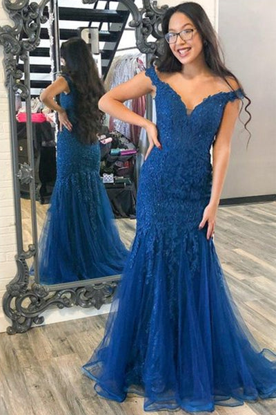 Off Shoulder Mermaid Blue Lace Long Prom Dress, Mermaid Blue Formal Dress, Blue Lace Evening Dress A1465