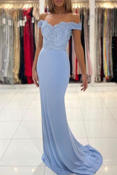 Off Shoulder Mermaid Blue Lace Long Prom Dress, Mermaid Blue Formal Graduation Evening Dress, Blue Lace Bridesmaid Dress A1492