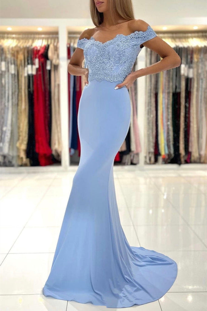Off Shoulder Mermaid Blue Lace Long Prom Dress, Mermaid Blue Formal Graduation Evening Dress, Blue Lace Bridesmaid Dress A1492