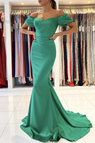 Off Shoulder Mermaid Green Satin Long Prom Dress, Off the Shoulder Gre ...