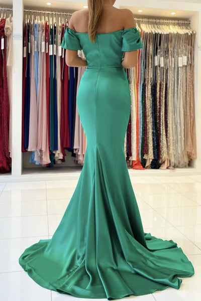 Off Shoulder Mermaid Green Satin Long Prom Dress, Off the Shoulder Green Formal Dress, Mermaid Green Evening Dress