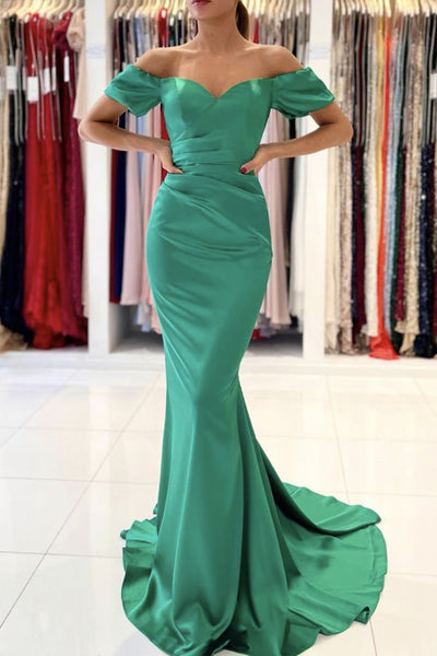 Off Shoulder Mermaid Green Satin Long Prom Dress, Off the Shoulder Green Formal Dress, Mermaid Green Evening Dress
