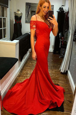 Off Shoulder Open Back Mermaid Red Long Prom Dress, Red Lace Formal Dress, Mermaid Red Evening Dress A1695