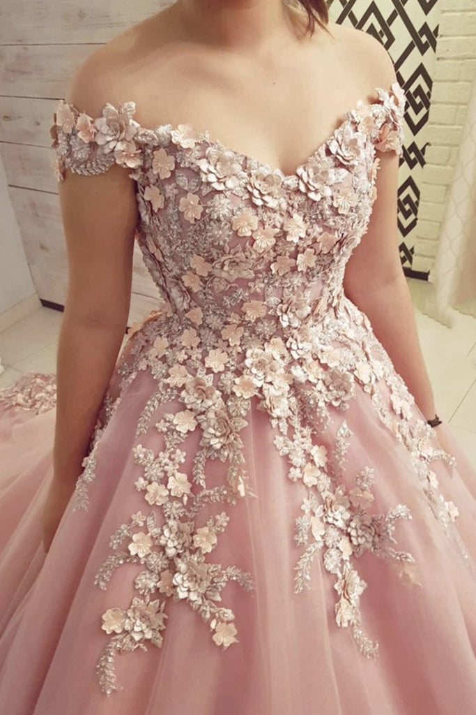 Off Shoulder Pink Lace Floral Long Prom Dresses, 3D Flower Pink Long Formal Evening Dresses