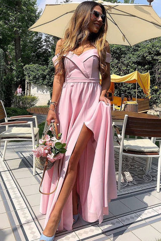 Off Shoulder Pink Long Prom Dress with High Slit, Off Shoulder Pink Formal Graduation Evening Dress