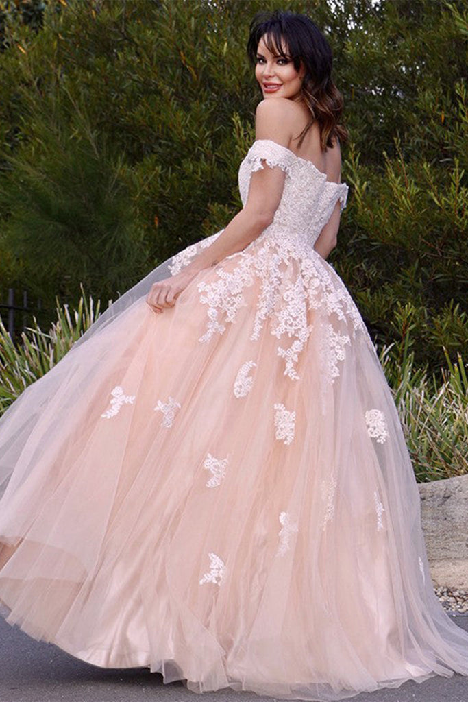 Pink 1679 Off Shoulder Pink Tulle Lace Long Prom Dress, Pink Lace Formal Dress ...