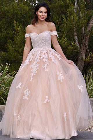 Off Shoulder Pink Tulle Lace Long Prom Dress, Pink Lace Formal Dress, Pink Evening Dress A1679