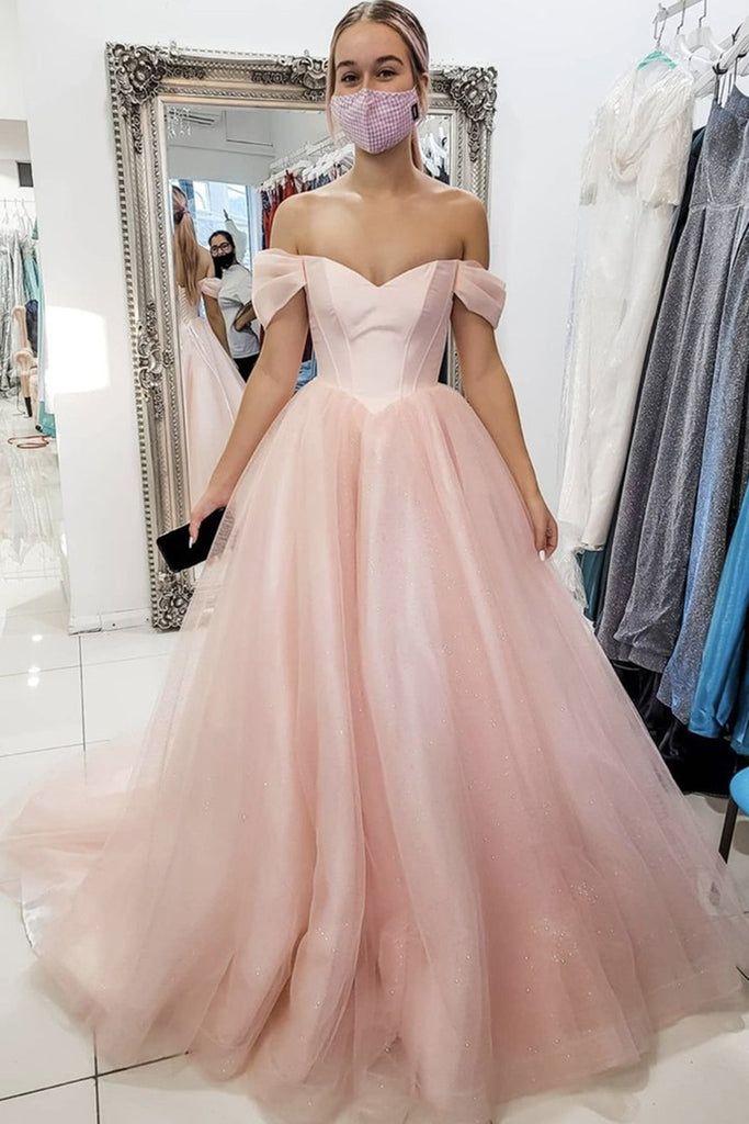 Off Shoulder Pink Tulle Long Prom Dress, Long Off the Shoulder Pink Formal Dress, Pink Evening Dress