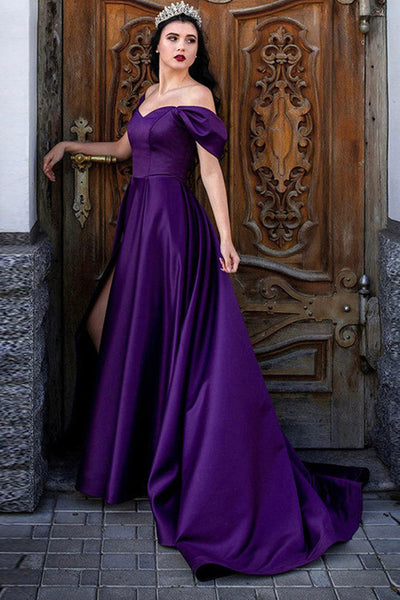 Off Shoulder Purple Satin Long Prom Dress with High Slit, Off the Shoulder Purple Formal Graduation Evening Dress A1642