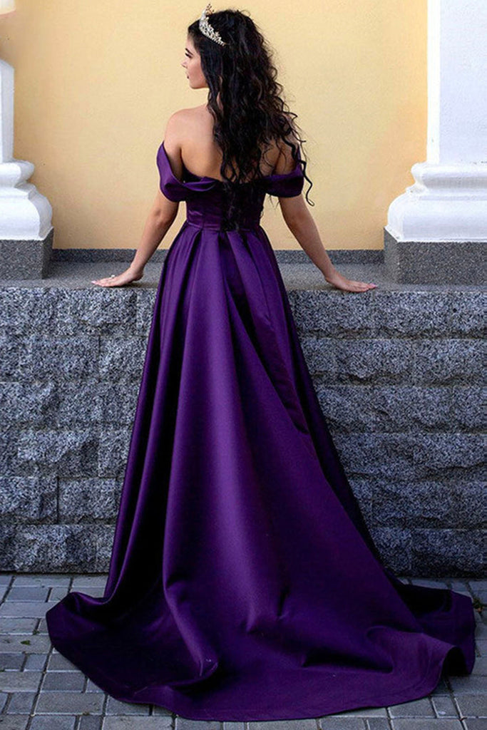 Off Shoulder Purple Satin Long Prom Dress with High Slit, Off the Shou abcprom Off Shoulder Purple Satin Long Prom Dress with High Slit, Off the Shou abcprom