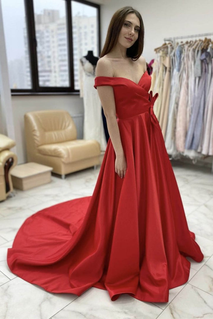 Off Shoulder Red Satin Long Prom Dress, Off the Shoulder Red Formal Graduation Evening Dress