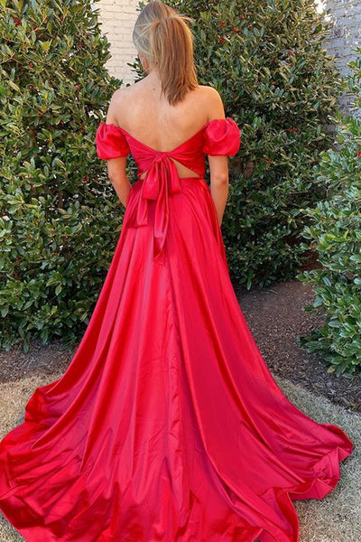 Off Shoulder Red Satin Long Prom Dress with High Slit, Long Red Formal Graduation Evening Dress A1837