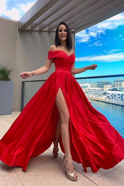 Off Shoulder Red Satin Long Prom Dress with High Slit, Off the Shoulder Red Formal Graduation Evening Dress A1659
