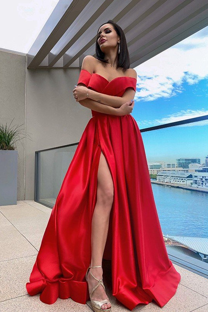red off the shoulder dress formal Off Shoulder Red Satin Long Prom Dress with High Slit, Off the Shoulde – abcprom