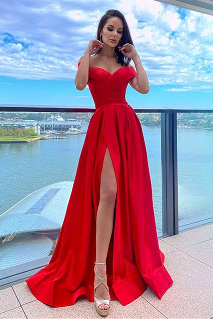 Off Shoulder Red Satin Long Prom Dress with High Slit, Off the Shoulde –  abcprom