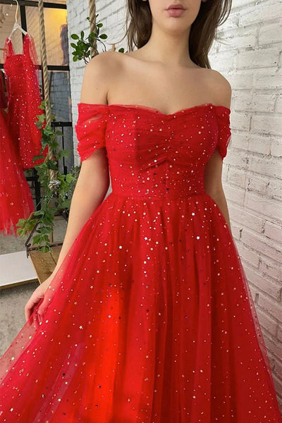 Off Shoulder Red Tulle Sequins Long Prom Dress, Long Red Formal Graduation Evening Dress A1559