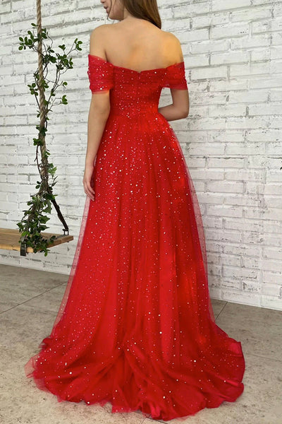 Off Shoulder Red Tulle Sequins Long Prom Dress, Long Red Formal Graduation Evening Dress A1559