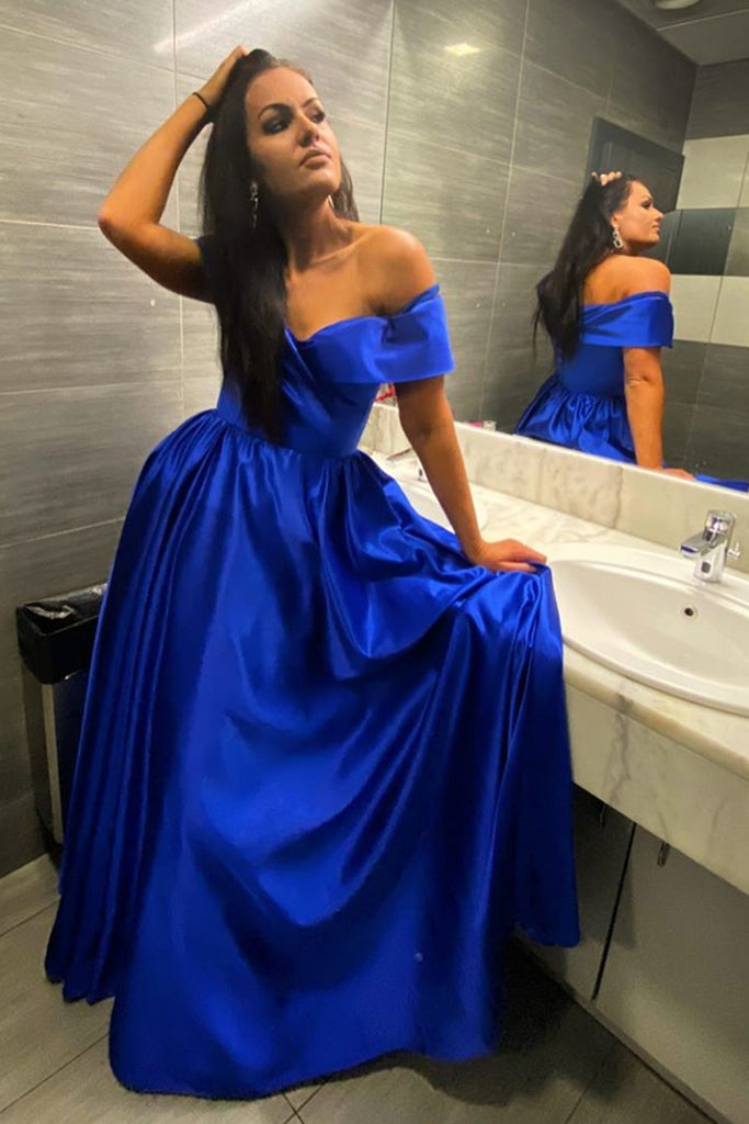Off Shoulder Royal Blue Long Prom Dress with High Slit, Off the Should