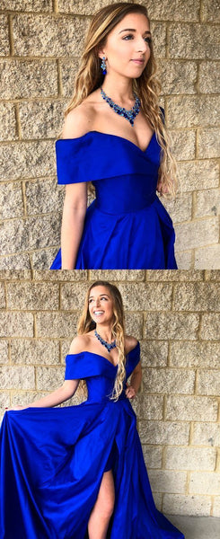 Off Shoulder Royal Blue Long Prom Dress with High Slit, Off the Shoulder Royal Blue Formal Graduation Evening Dress A1569