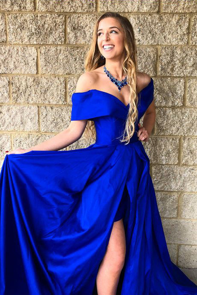 Off Shoulder Royal Blue Long Prom Dress with High Slit, Off the Should abcprom Off Shoulder Royal Blue Long Prom Dress with High Slit, Off the Should abcprom