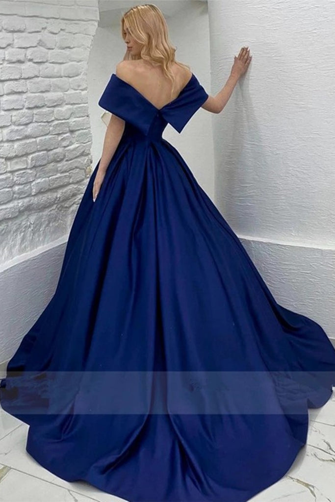 Off Shoulder Royal Blue Satin Long Prom Dress, Long Royal Blue Formal