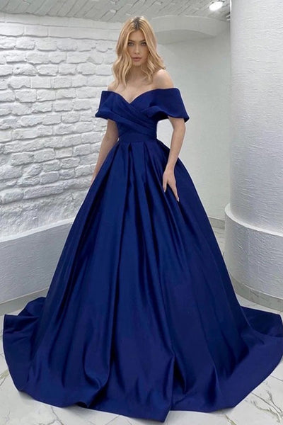 Off Shoulder Royal Blue Satin Long Prom Dress, Long Royal Blue Formal Graduation Evening Dress A1702