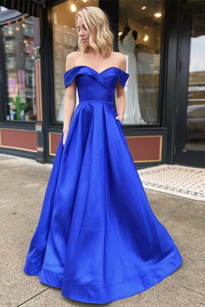 Off Shoulder Royal Blue Satin Long Prom Dress with Leg Slit, Off Shoul abcprom Off Shoulder Royal Blue Satin Long Prom Dress with Leg Slit, Off Shoul abcprom