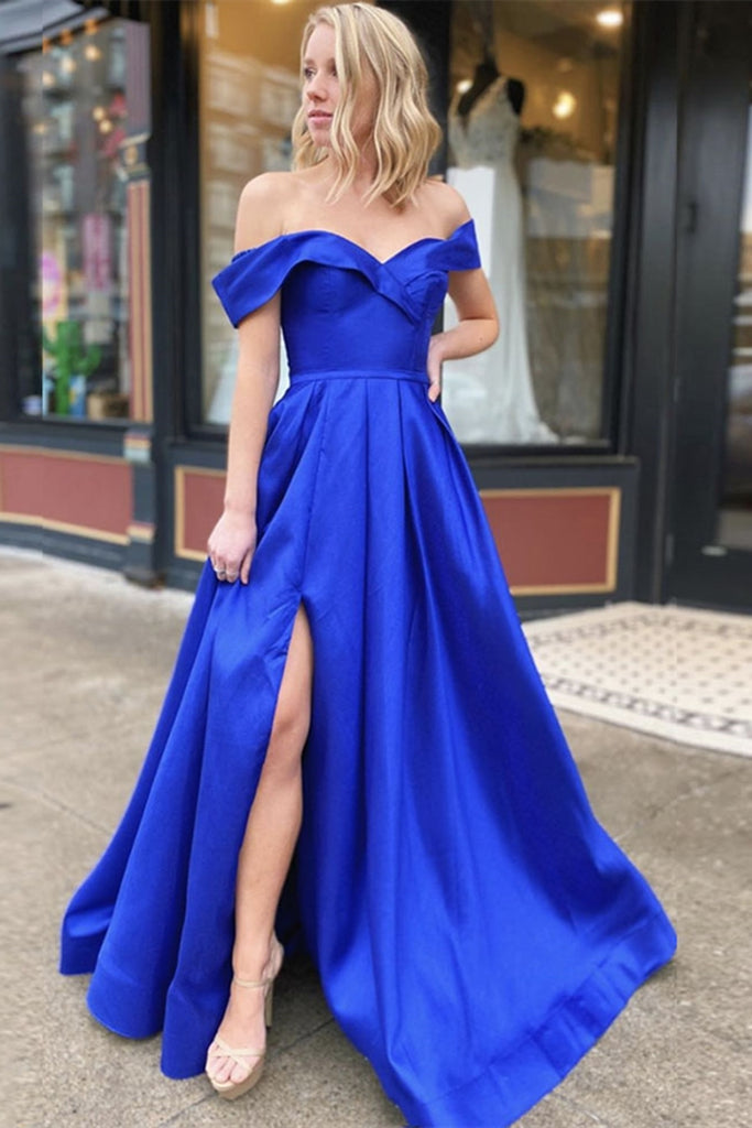 Off Shoulder Royal Blue Satin Long Prom Dress with Leg Slit, Off