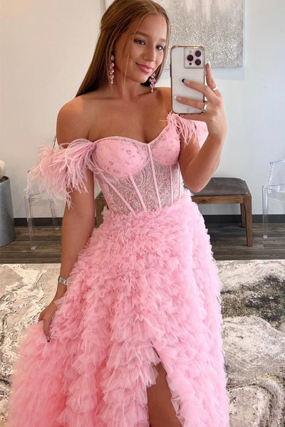 Off Shoulder Ruffle Pink Long Prom Dress with Train, Off the Shoulder Pink Formal Evening Dress with High Slit A1449