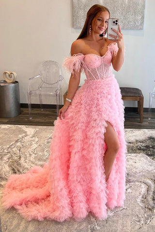 Off Shoulder Ruffle Pink Long Prom Dress with Train, Off the Shoulder Pink Formal Evening Dress with High Slit A1449