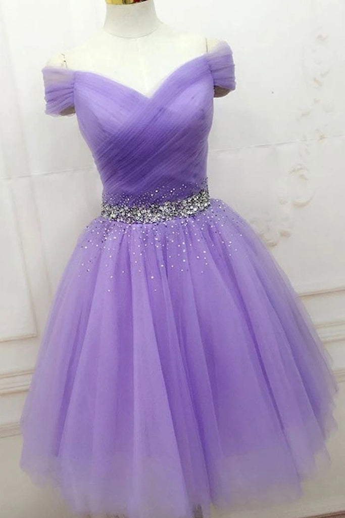 Off Shoulder Sequins Lilac Short Prom Dress Homecoming Dress, Off Shou –  abcprom