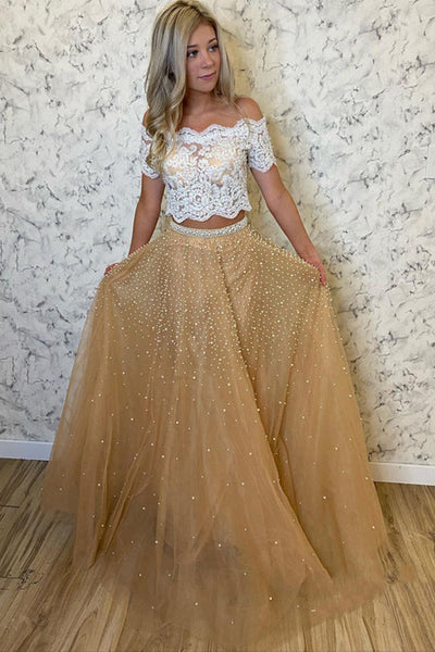 Off Shoulder Two Pieces Champagne Tulle Long Prom Dress with Pearls, 2 Pieces Champagne Formal Evening Dress with White Lace Top A1416