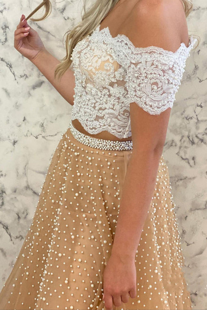 Off Shoulder Two Pieces Champagne Tulle Long Prom Dress with Pearls, 2 – abcprom