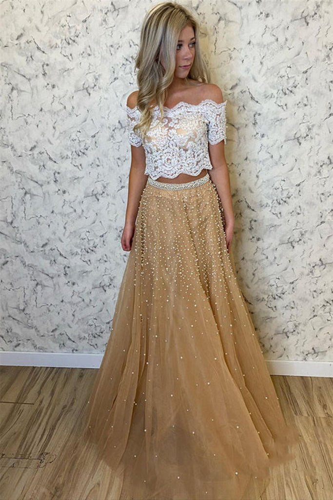 champagne 2 piece dress Two Piece Champagne Bridesmaid Dresses Formal Dress With Slit ARD2352