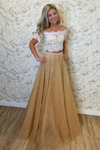 Off Shoulder Two Pieces Champagne Tulle Long Prom Dress with Pearls, 2 Pieces Champagne Formal Evening Dress with White Lace Top A1416