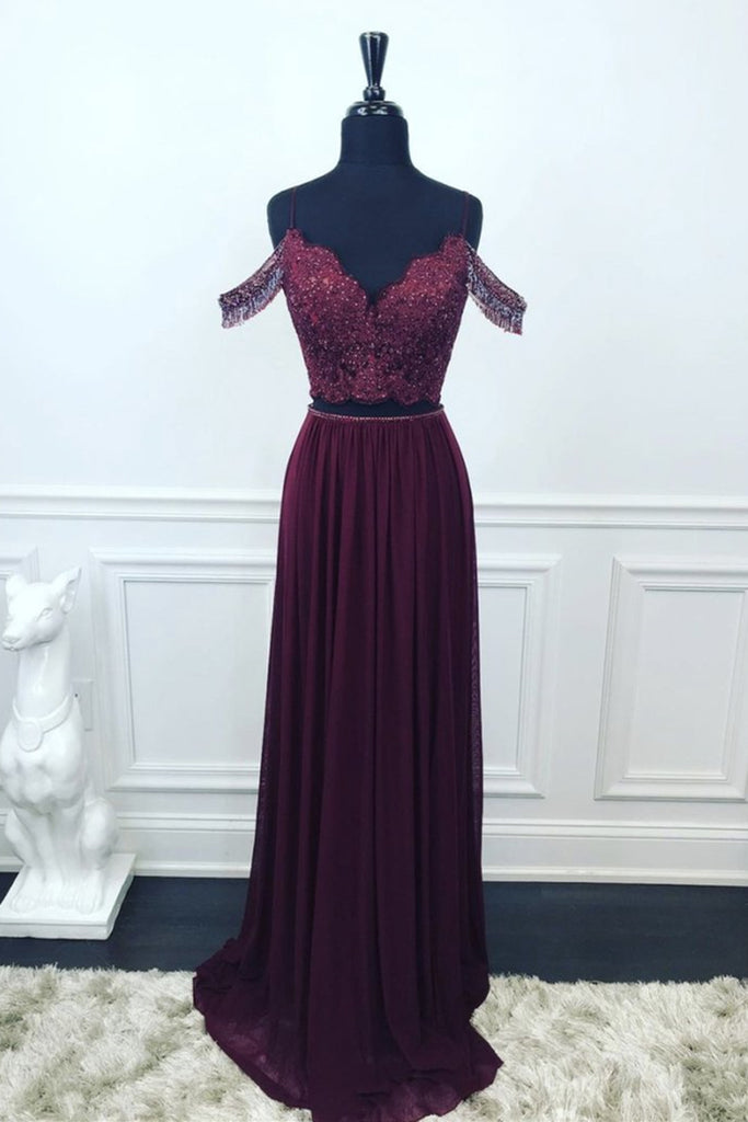 Off Shoulder Two Pieces Purple Lace Long Prom Dress, 2 Pieces Purple F abcprom Off Shoulder Two Pieces Purple Lace Long Prom Dress, 2 Pieces Purple F abcprom