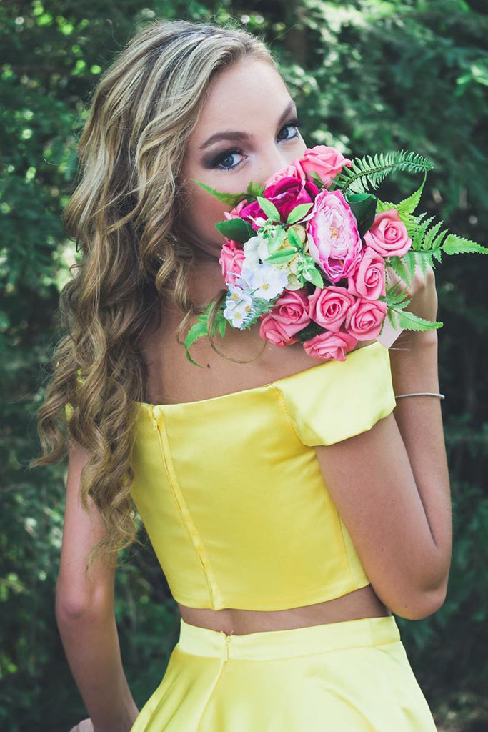 Off Shoulder Two Pieces Yellow Short Prom Dresses, Off the Shoulder Ye   abcprom