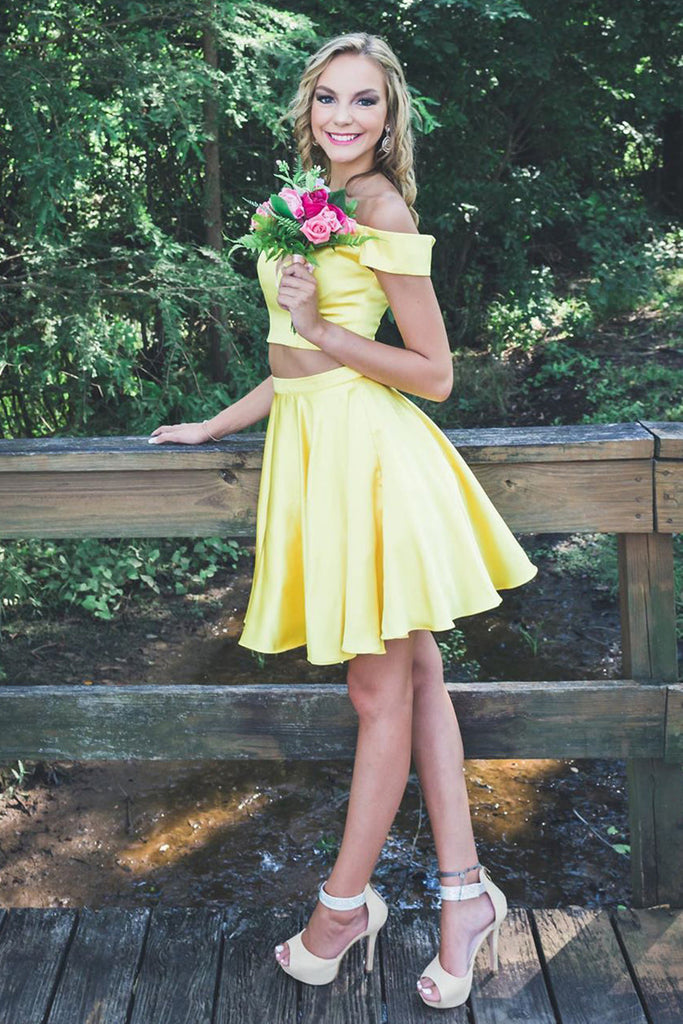 Off Shoulder Two Pieces Yellow Short Prom Dresses, Off the Shoulder Ye abcprom Off Shoulder Two Pieces Yellow Short Prom Dresses, Off the Shoulder Ye abcprom